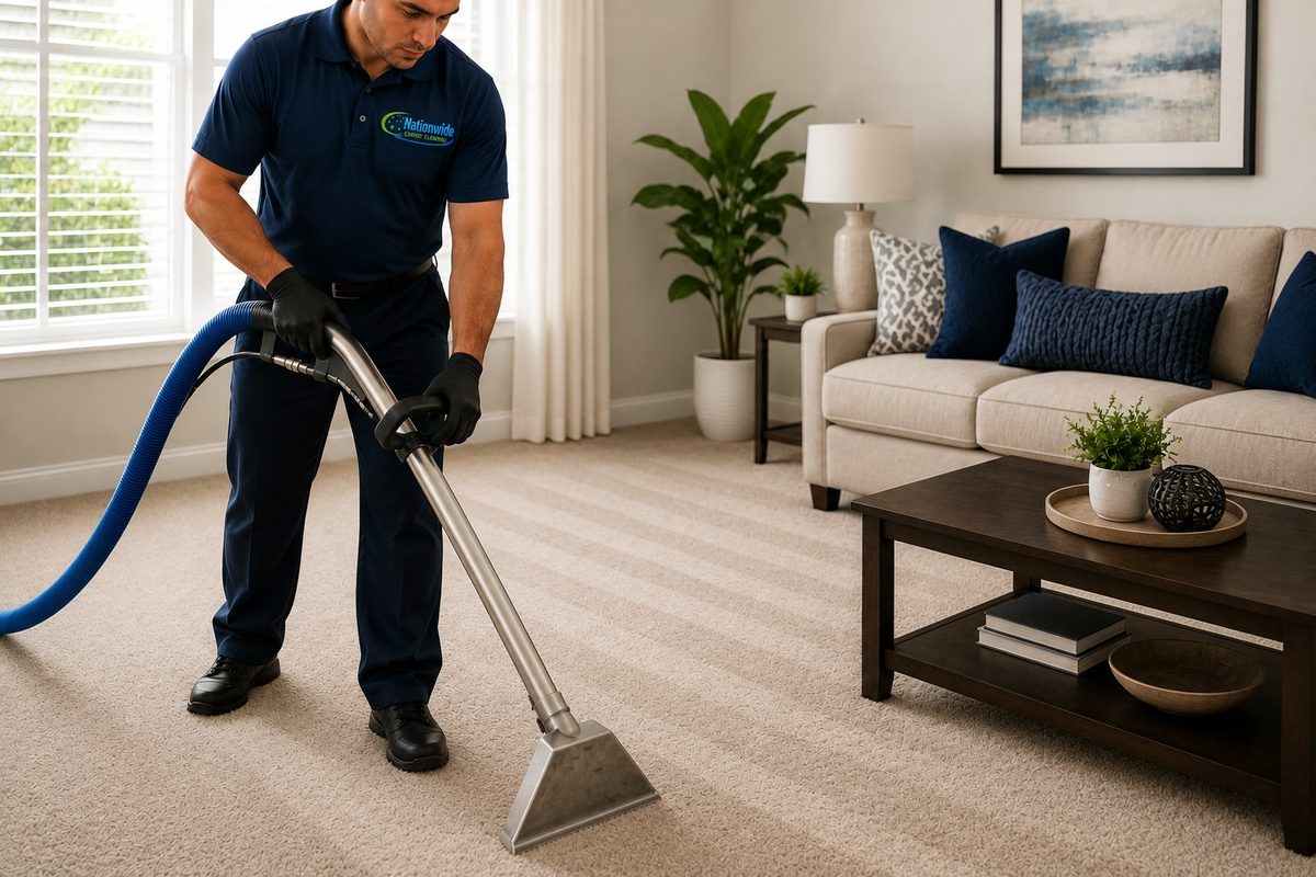 Nationwide Carpet Cleaning technician performing hot water extraction carpet cleaning