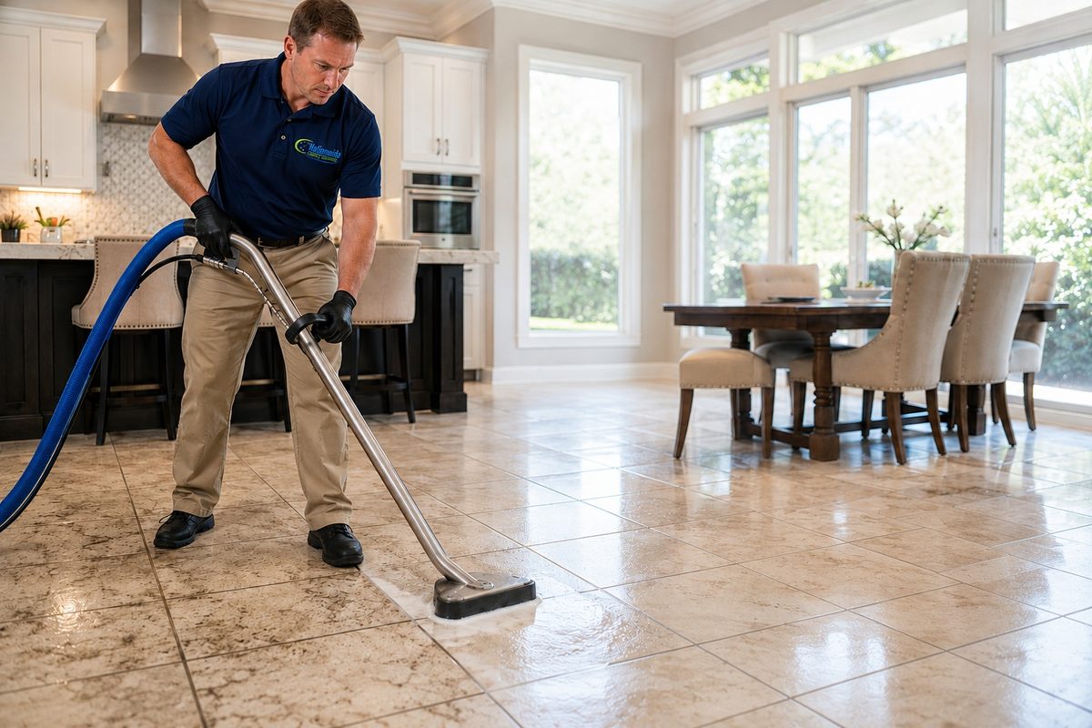 Professional tile and grout cleaning on a kitchen floor in Augusta, GA