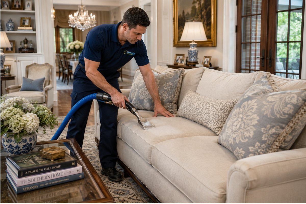 Nationwide Carpet Cleaning technician cleaning upholstery in a historic Augusta, GA home