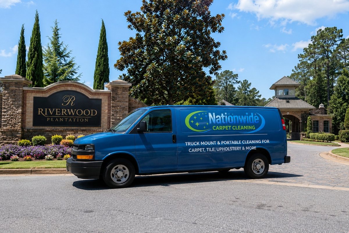 Nationwide Carpet Cleaning service van outside Riverwood Plantation, a luxury master-planned community in Evans, GA