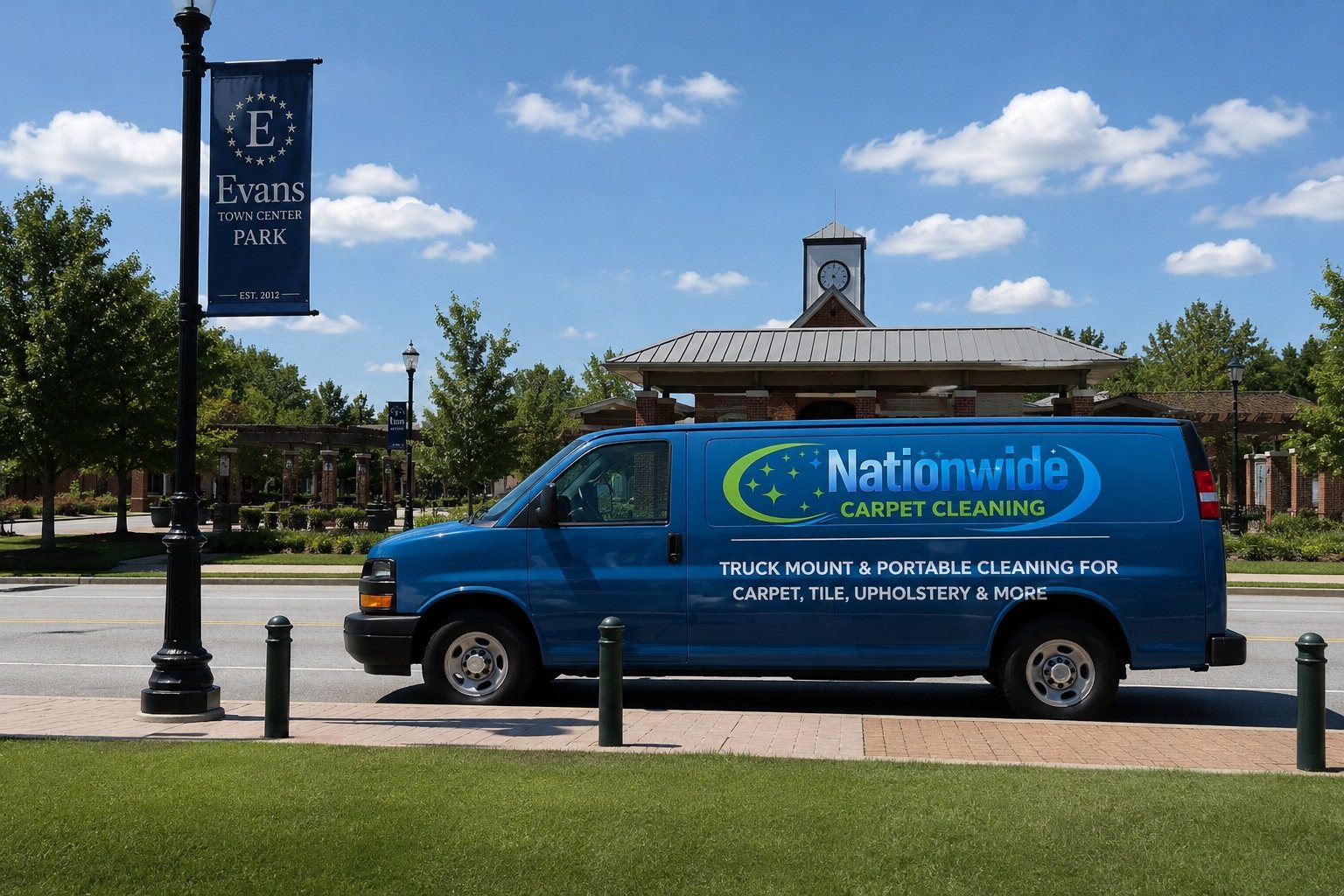 Nationwide Carpet Cleaning service van at Evans Town Center Park in Evans, GA
