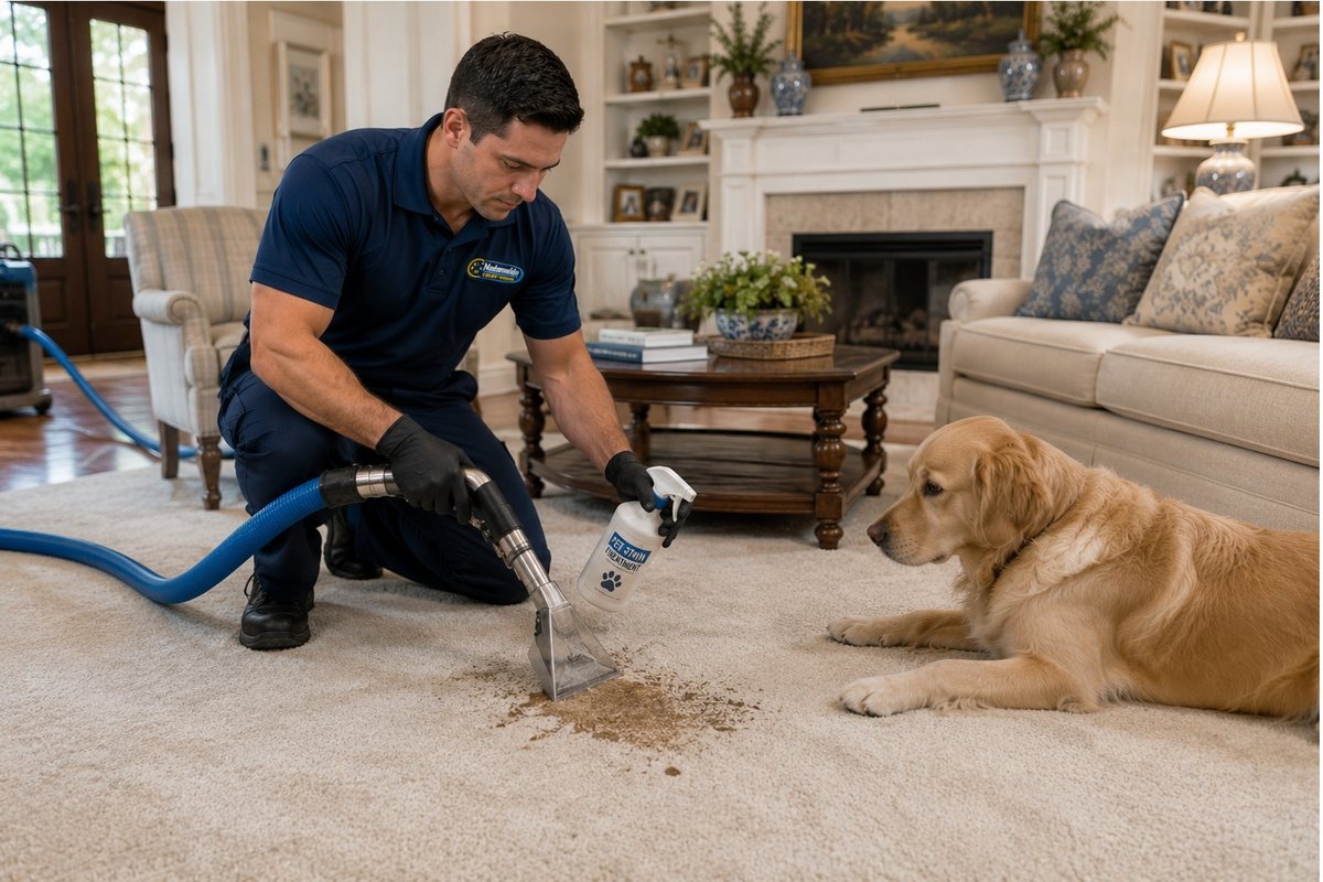 Nationwide Carpet Cleaning technician treating a pet stain on carpet in a Martinez, GA home