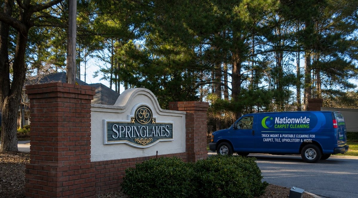 Nationwide Carpet Cleaning service van at the Springlakes community entrance in Martinez, GA