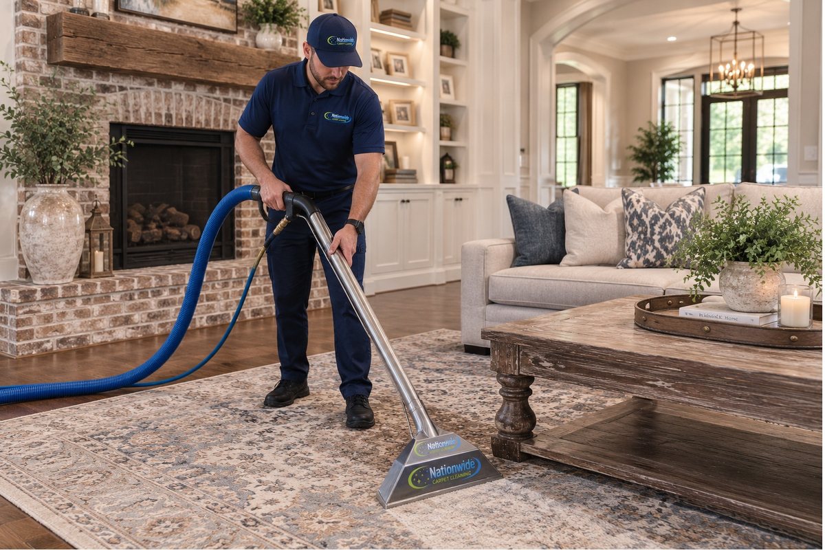 Nationwide Carpet Cleaning technician cleaning an area rug in a North Augusta, SC home