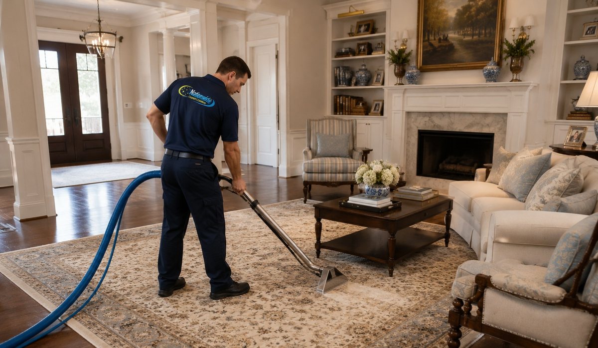 Nationwide Carpet Cleaning technician cleaning a formal area rug in North Augusta, SC